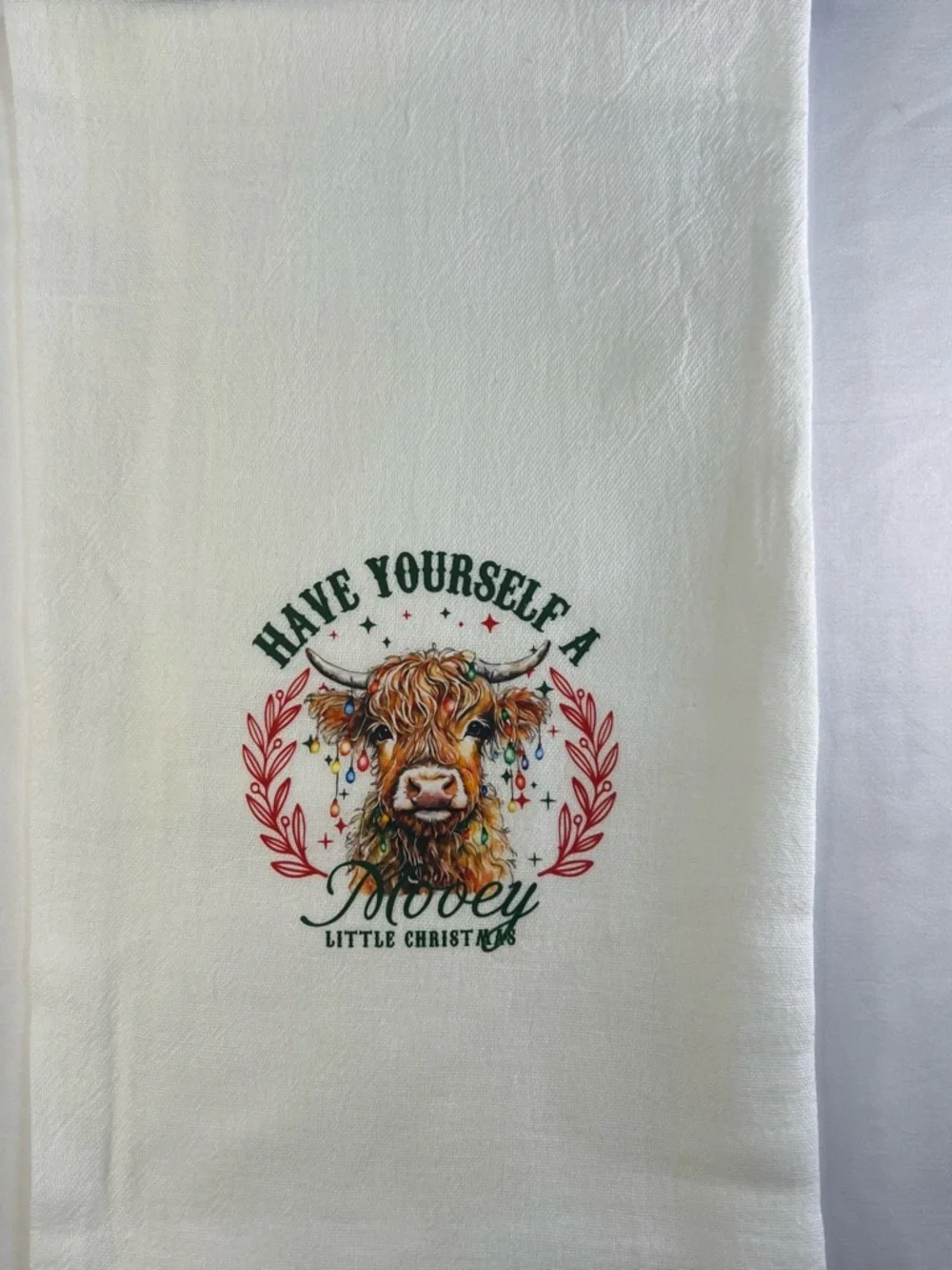 Have Yourself a Mooey Little Christmas Tea Towel - Brown Highland Cow